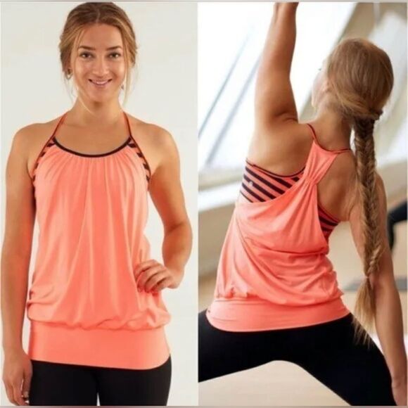 Lululemon No Limits coral/navy stripes attached bra tank top sz 6 - Picture 1 of 9